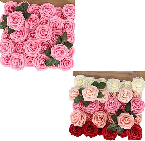 MACTING Flores de rosas artificiales, toque real para bricolaje, ramos, fiesta de boda, baby shower, hogar, decoración de árbol de Navidad, 60 piezas