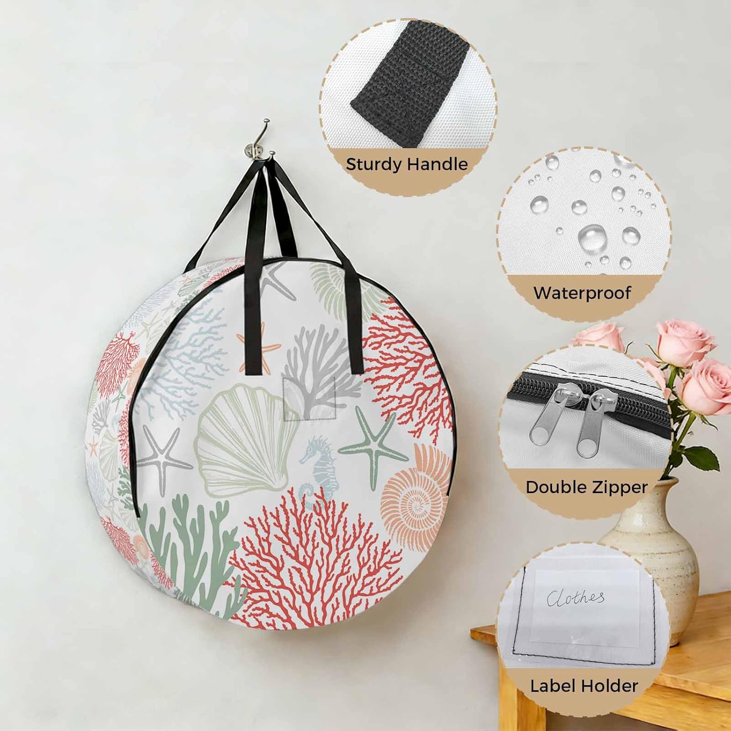 Red Coral Round Storage Bag 36 Inch, Sage Green Starfish Ocean Coastal Seashell Clothes Storage Container with Handles Heavy Duty Organizer for Comforter, Bedding & Holiday Wreaths