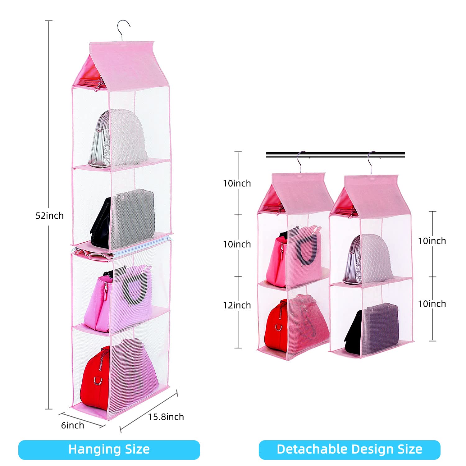 KEEPJOY Organizador de bolso para armario, organizador de bolso colgante con 4 estantes de malla resistente (rosa)