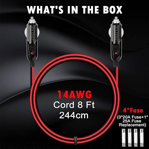 Miniatura 5 de CUZEC Cable de carga de enchufe de encendedor de cigarrillos macho a macho de 20 A, 8.0 ft, 14 AWG, con indicador LED y protección de fusible de 20