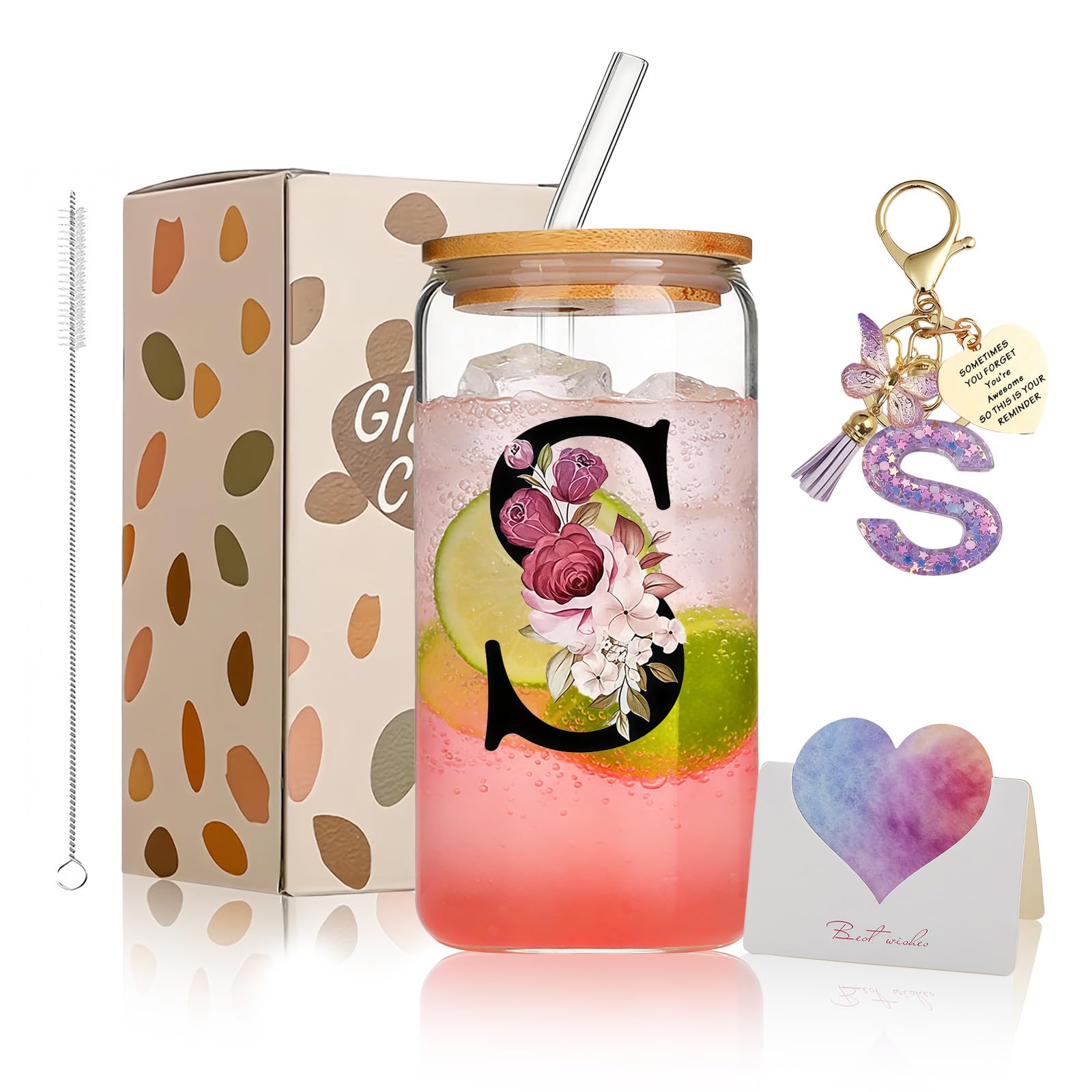 AWSOLAR 17.6oz Glass Cups with Lids and Straws, S Iced Coffee Cup
