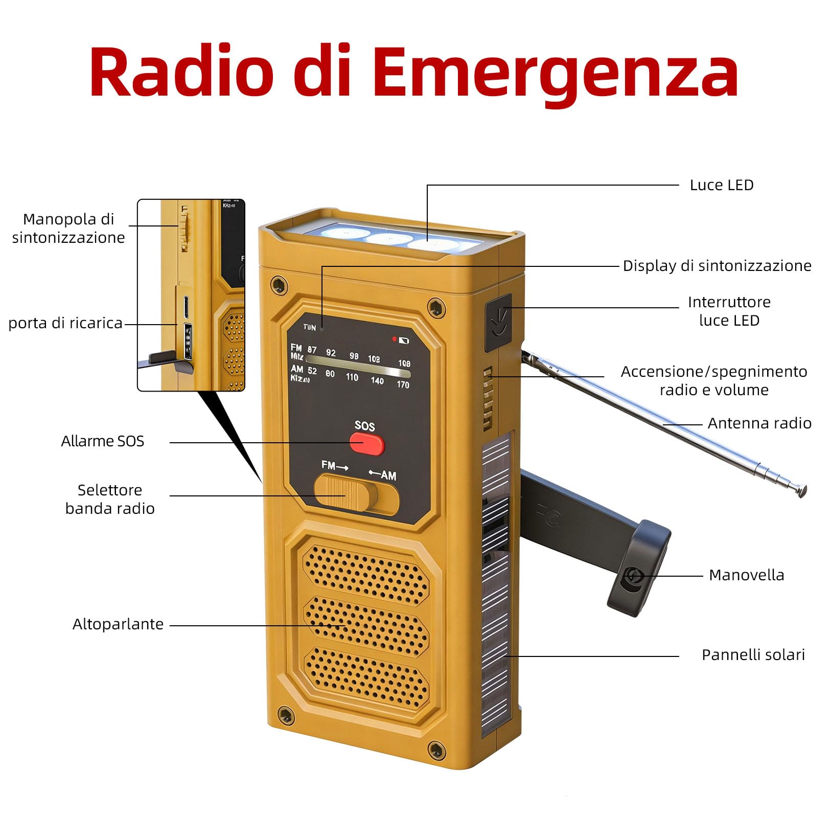 Radio Solaire d’Urgence, Radio à Manivelle avec Lampe Torche LED, Alarme SOS, Recharge par USB/Solaire/Manivelle, Radio AM/FM avec Batterie de 2000mAh pour Camping Randonnée Survie, Orange