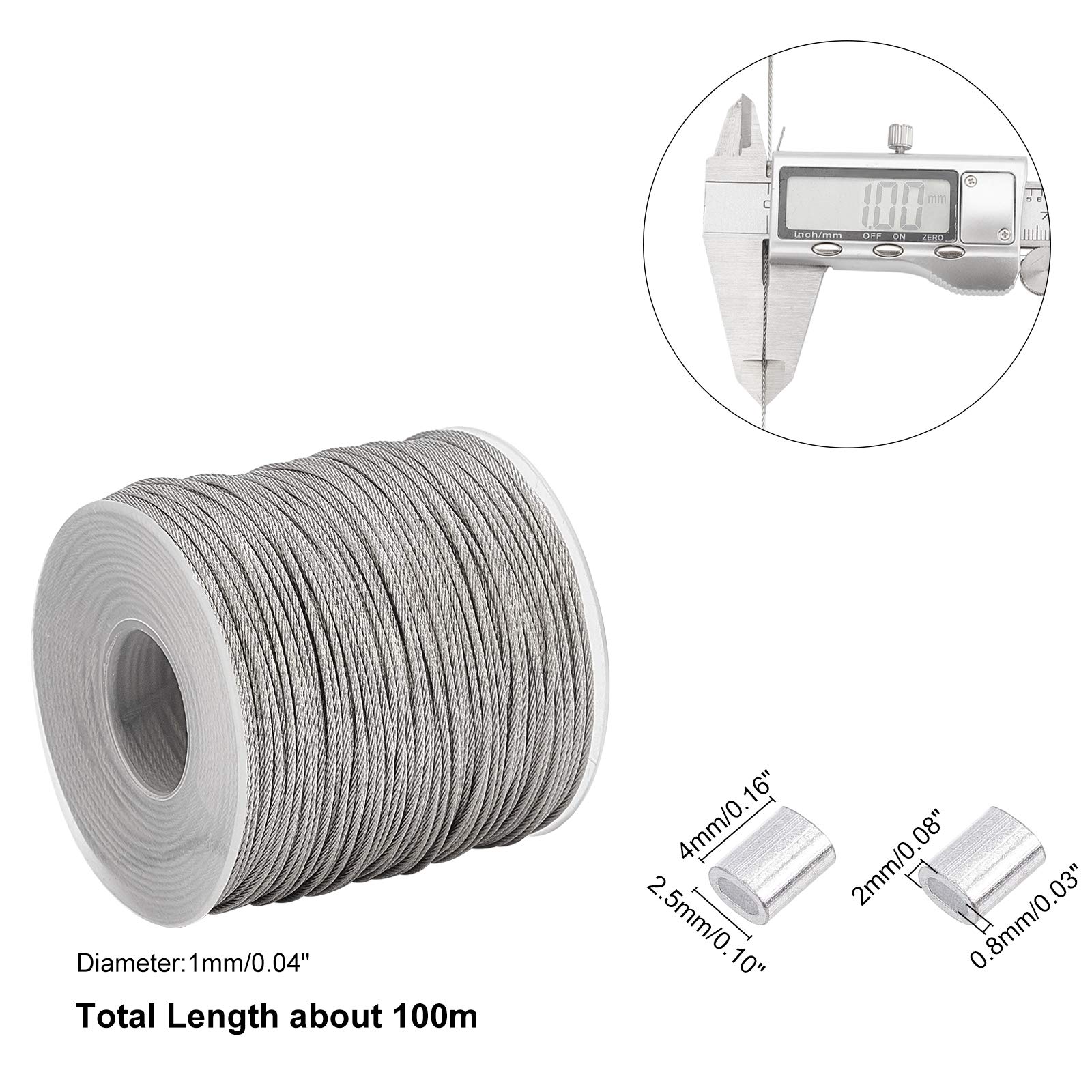 PH PandaHall 100m Filo Acciaio Inox 1 mm Cavo Intrecciato con 30pz Manicotto a Crimpare per Appendere Quadri