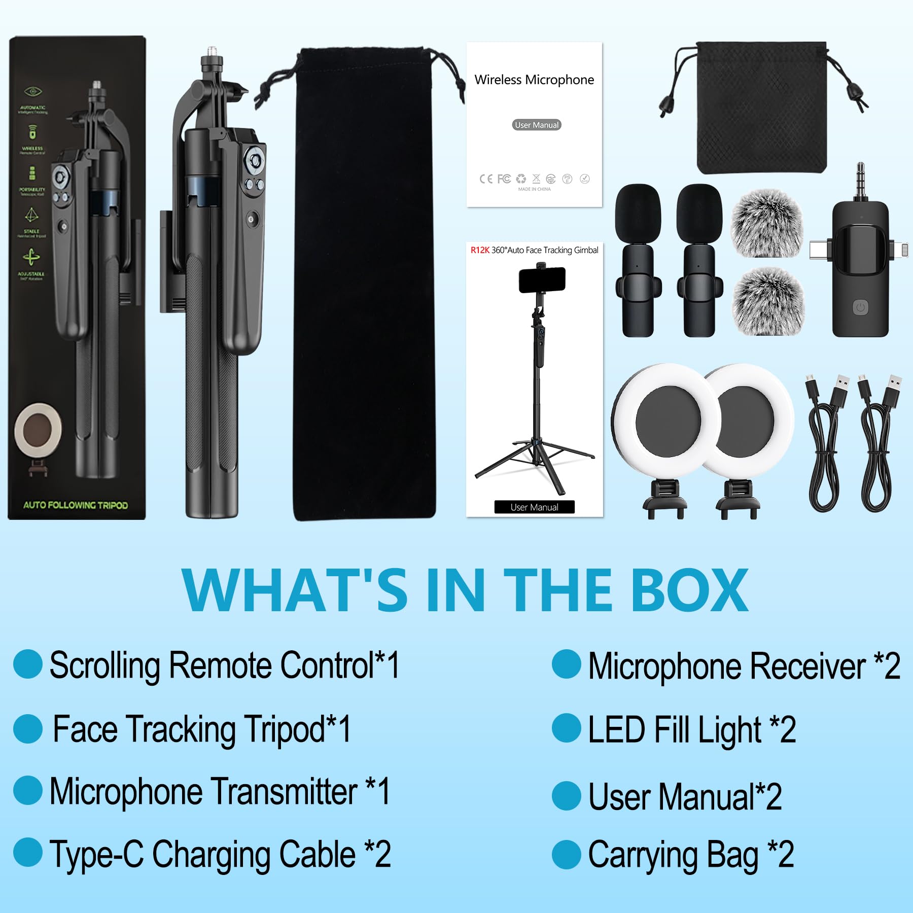 Kit vlogging per iPhone/Android, 63 "Auto Face Tracking Treppiede per iPhone con Luce, Microfoni Wireless, Scrolling Remote Control per TikTok, Content Creator Kit per YouTube Starter Live Streaming
