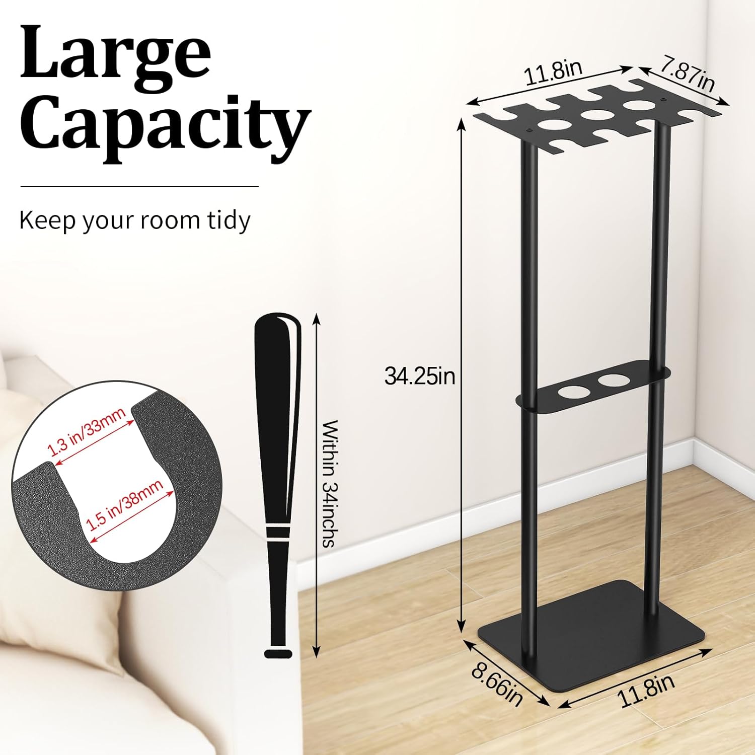 Baseball Bat Holder Stand, 8 Bats 5 Balls Softball Bat Display Free Standing, Black