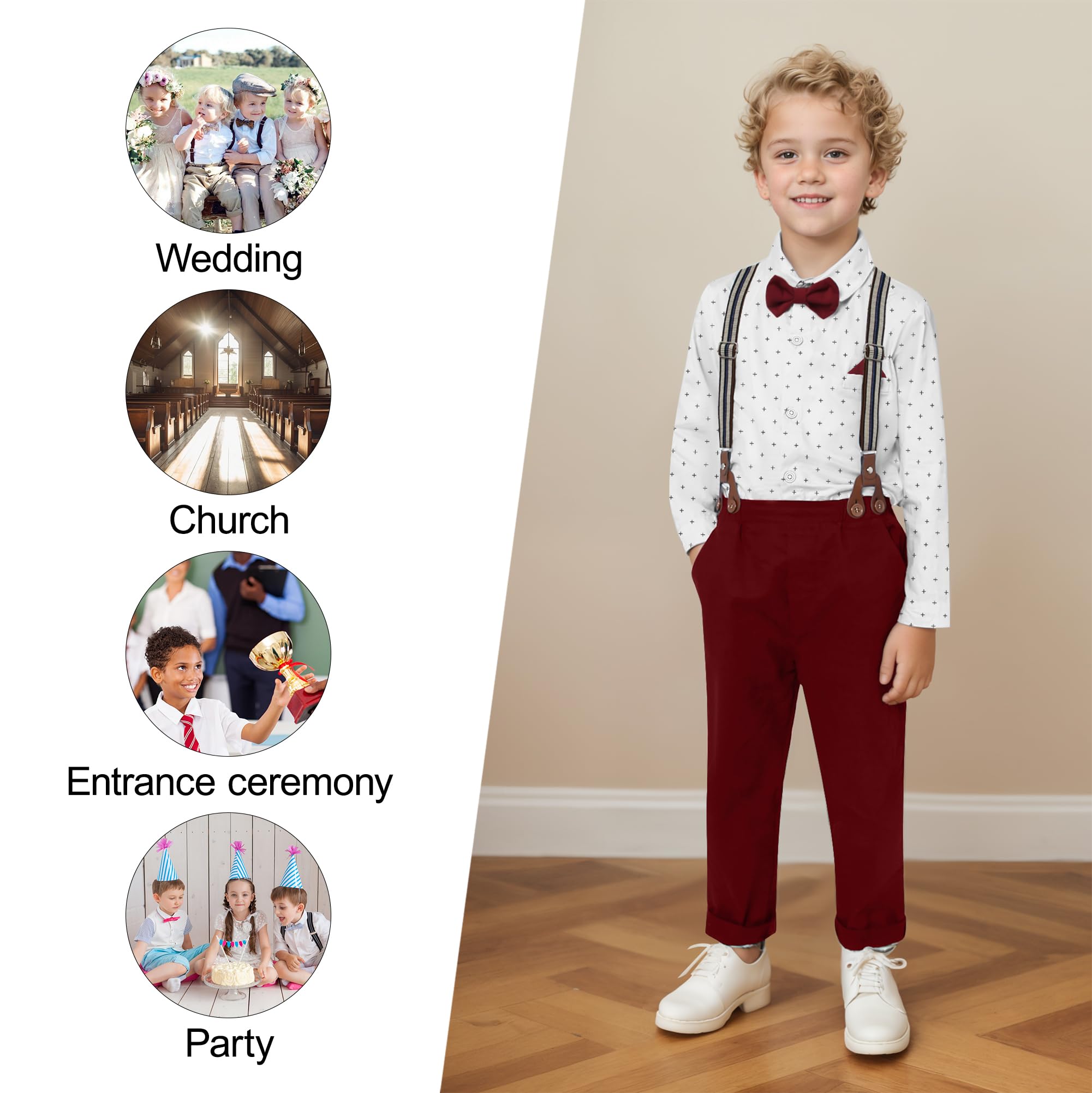 CARETOO Costume de gentleman pour enfant - Tenue de mariage - Robe formelle - Nœud papillon - Pantalon à bretelles longues - 1 à 5 ans