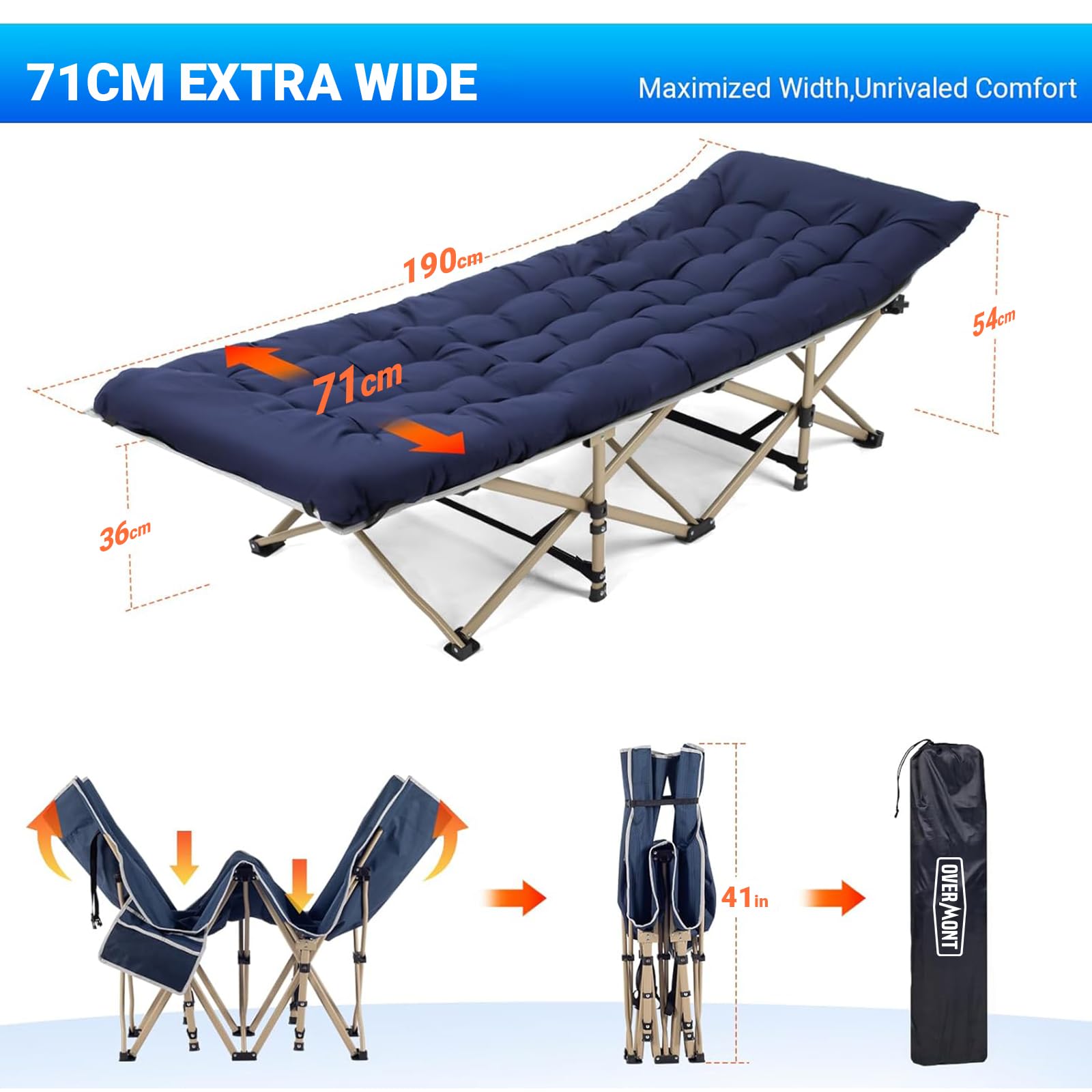 OVERMONT Lit de Camp Pliant avec Matelas - Lit de Camping Pliable 190 x 71 x 36 cm - Supporte 250 kg - Tissu Oxford 2400D avec Poche Latérale - Sac de Transport pour Camping Jardin Bureau - Bleu