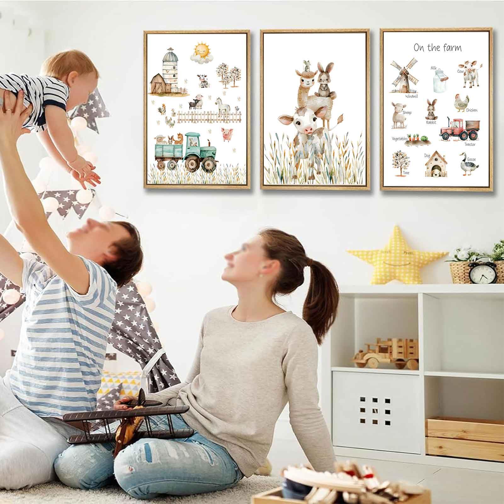 Farm Animals Nursery Canvas Wall Art Set - 3Pcs Cute Cartoon Watercolor Prints, Unframed, Rustic Kids Room Decor