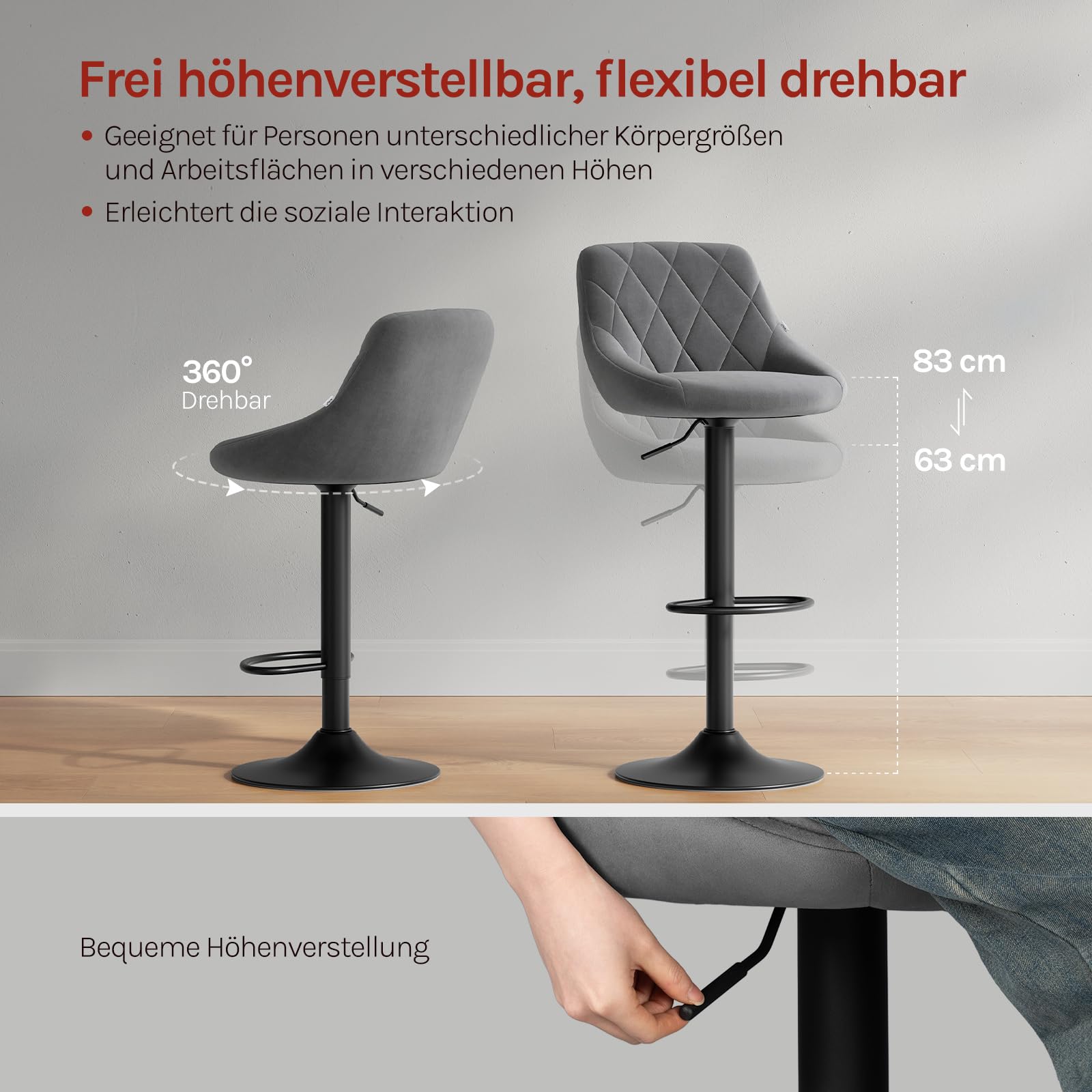 WOLTU Barhocker 2er Set, Barstuhl mit Lehne, höhenverstellbar drehbar, gepolsterter Samtsitz, rutschfestes Metallfuß, für Küche Hausbar, Dunkelgrau