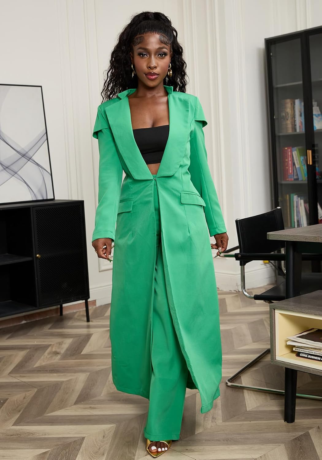 Famnbro Womens Suits 2 Piece Set Long Blazers Jacket Lapel and Straight Leg Pants Business Outfits - Image 4