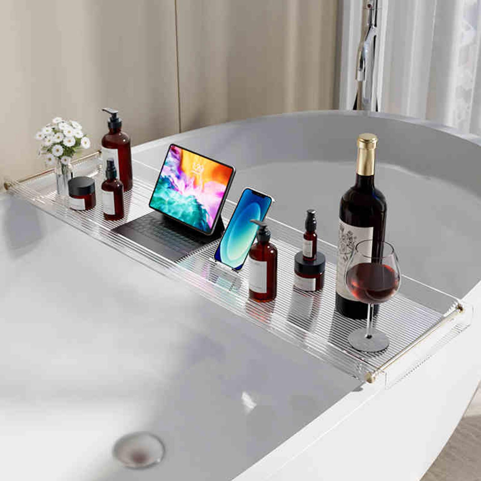 Bandeja de baño acrílica impermeable para tina, mesa de bañera transparente para velas, copas de vino, libros y teléfono, elegante estante de puente, accesorios de baño perfectos.