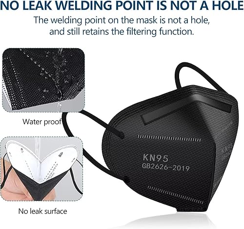 Miniatura 5 de 50 mascarillas KN95 negras de 5 capas con filtro de seguridad contra el polvo, eficiencia 95% con cintas elásticas para las orejas y clip para