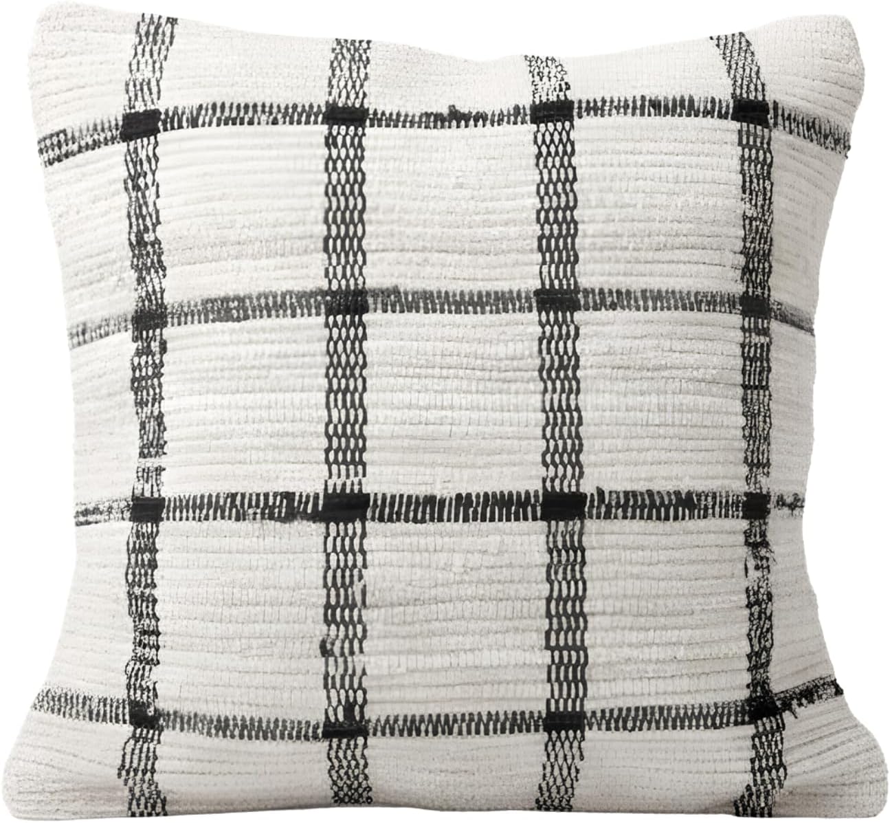 FLENN Throw Pillow Cover 18x18 – Handwoven Cotton Cushion Cover, Washable, Zippered – Farmhouse, Cottagecore, Coastal, Minimalist Decor - Checkered Sand Beige and Charcoal Black 1pc