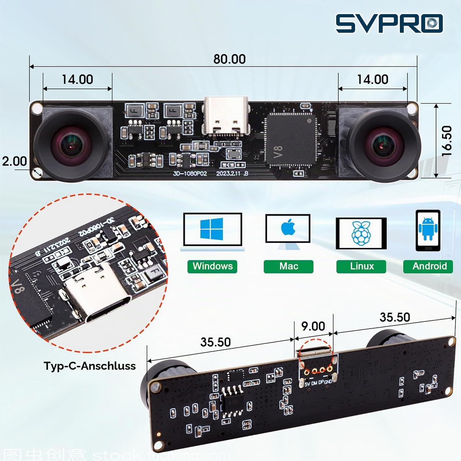 Svpro USB Kamera Mit Zwei Objektiven 1080P 60fps Hochgeschwindigkeits UVC Industriekamera Board Synchronisation PC, Lightburn Fernglas Lasergravur Kameraboard für 3D VR Biometrie