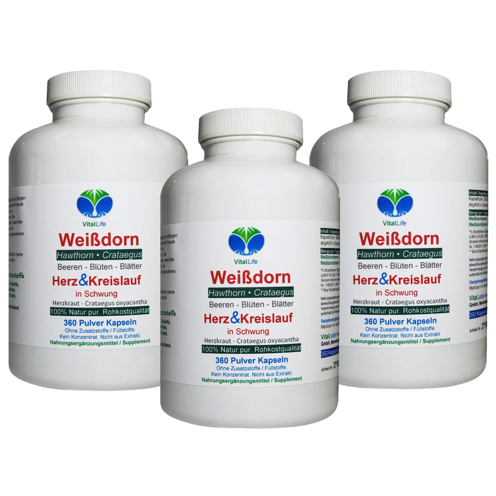 WEISSDORN Weißdorn HERZ-KREISLAUF 1080 Kapseln 3x360 "HERZKRAUT" NATUR pur Weißdornbeeren & Weißdornblätter & Weißdornblüten. OHNE ZUSATZSTOFFE. 27100-7