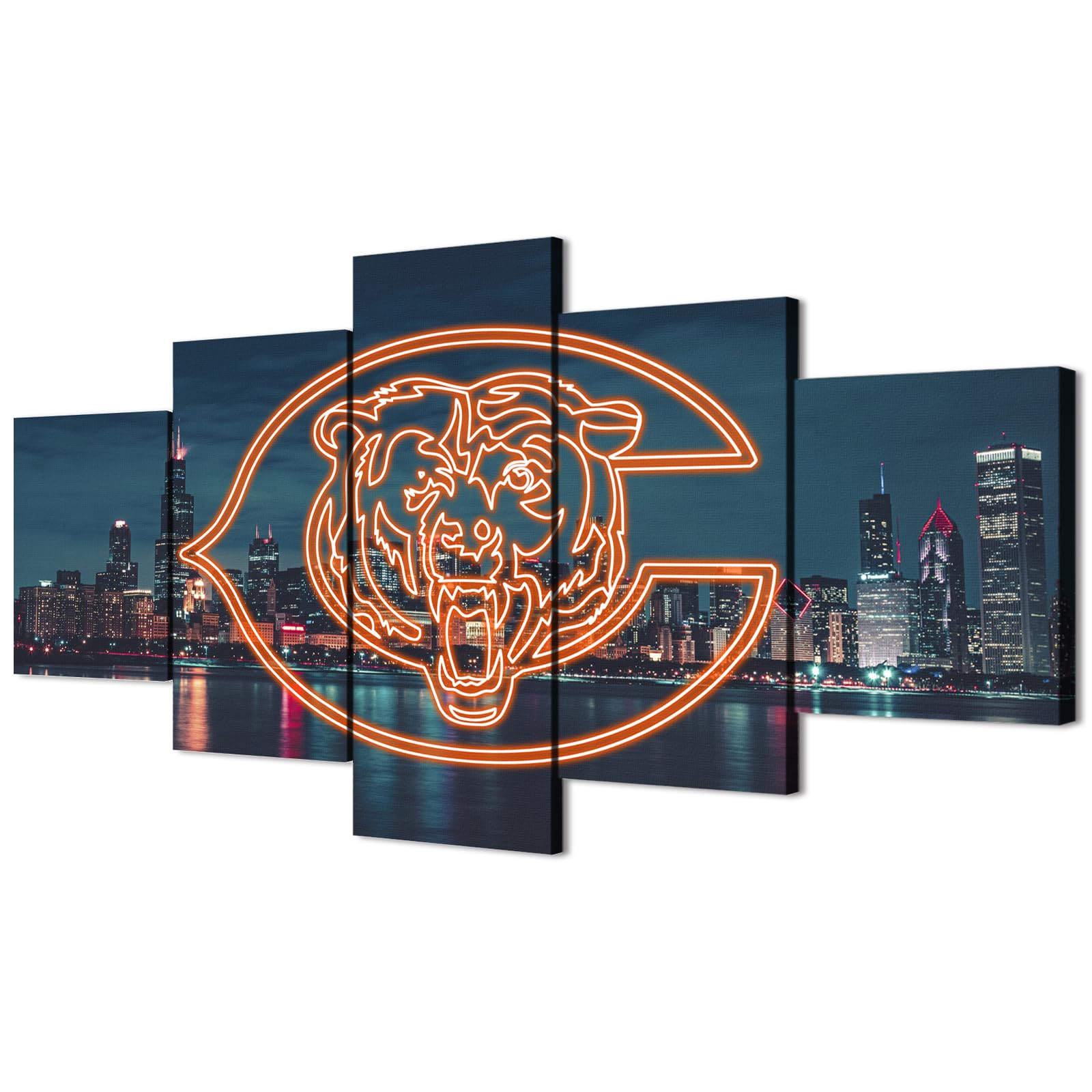 generic (80X150CM/5PCS) Frame Canvas Print Poster - Chicago City night scene With American football Neon Bears badge - Original City Landscape Wall