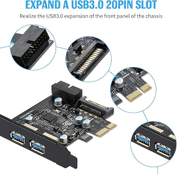 PCI E USB 3.0 Card PCI Express 1X 2 Ports with Internal 19 Pin USB 3.0 Connector Superspeed 5Gbps PCI E USBIII Expansion Card Controller Adapter Support Windows 10, 8, 7, XP