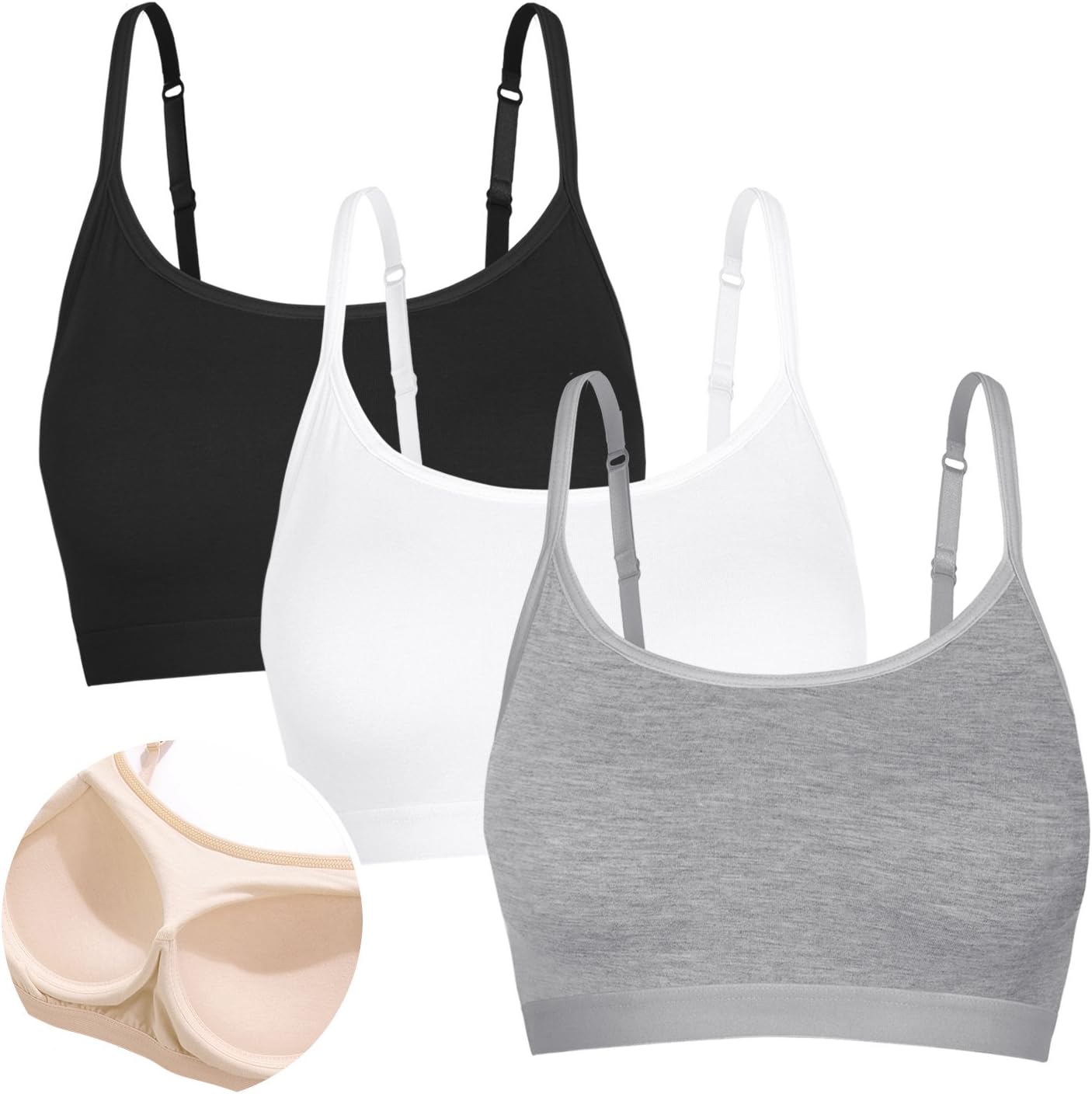 Mini Camisole Crop Top Wirefree Bra Padded Strap Cami Bra Strappy Top Vest Sports Bra Short Bralette for Yoga 3 Pack White Black Grey Beige