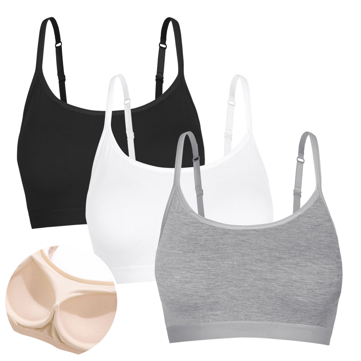 Mini Camisole Crop Top Wirefree Bra Padded Strap Cami Bra Strappy Top Vest Sports Bra Short Bralette for Yoga 3 Pack White Black Grey Beige