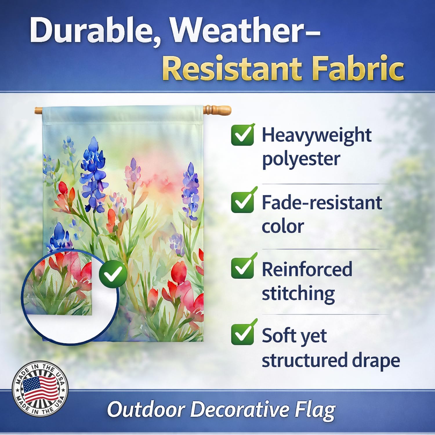 Caroline's Treasures Texas Bluebonnets in Watercolor House Flag Large Porch Sleeve Pole Decorative Outside Yard Banner Artwork Wall Hanging, Polyester, House Size, Multicolor