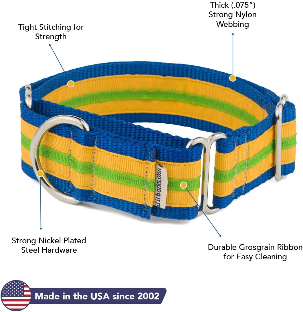 If It Barks - 1.5" Martingale Collar for Dogs - Stripe Design - Adjustable - Strong and Comfy Nylon - Ideal for Training - Made in USA - Large, Yellow Gold/Apple