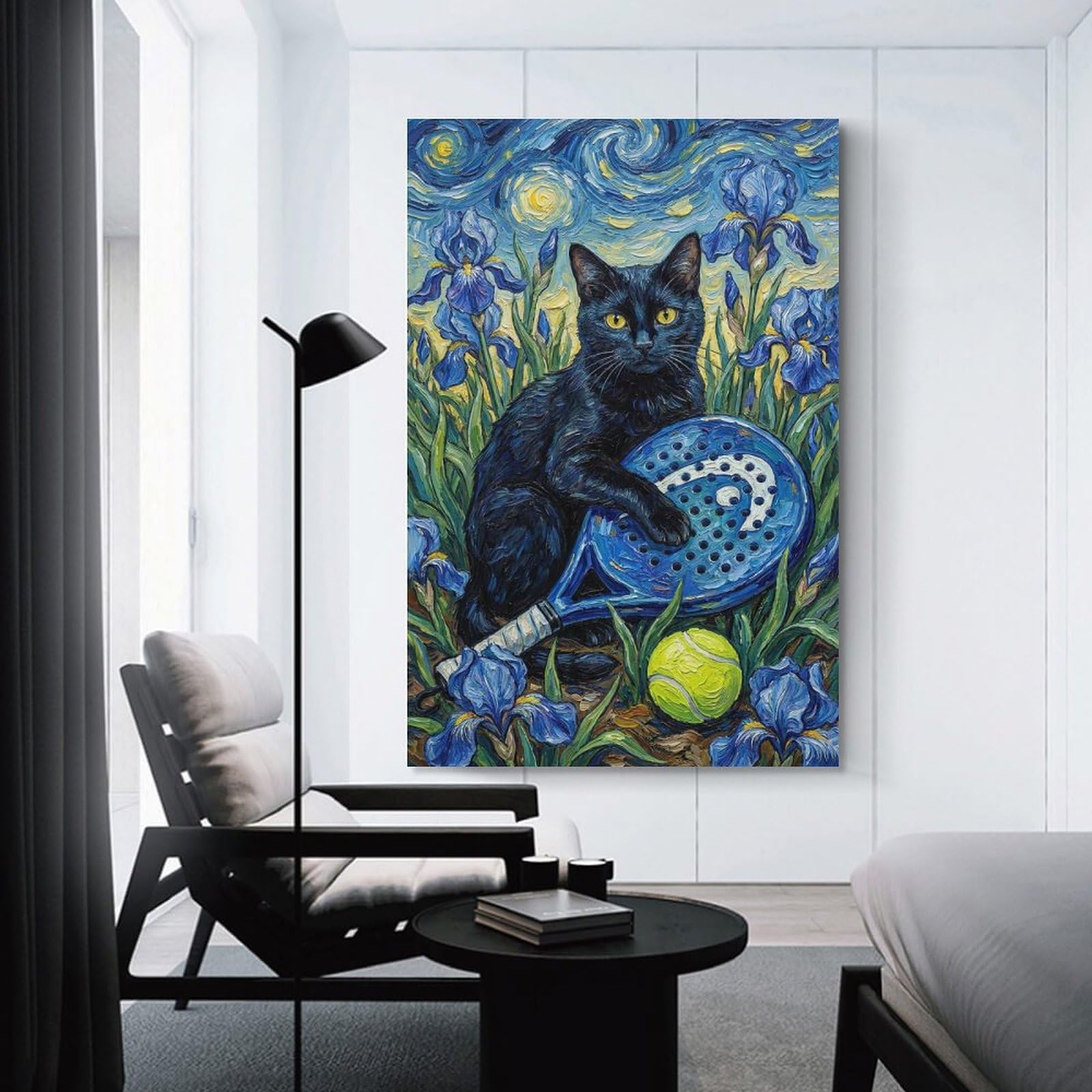 Junmoney Unframe-Style-3 Black Cat With Paddle Racket Painting Wall Art Print, 20X30inch(50X75cm), For Living Room, Bedroom, Office Or Hallway, A Flexible Wall Accent For Shared Spaces