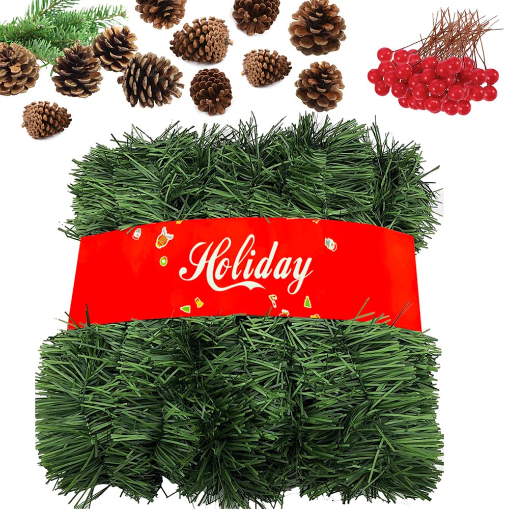1,5 m Weihnachtsgirlande Dekoration Künstliche Grüne Girlande mit 30 roten Beeren und 12 Tannenzapfen für den Außen- oder Innendekor Weihnachten Hochzeit Party Dekorationen