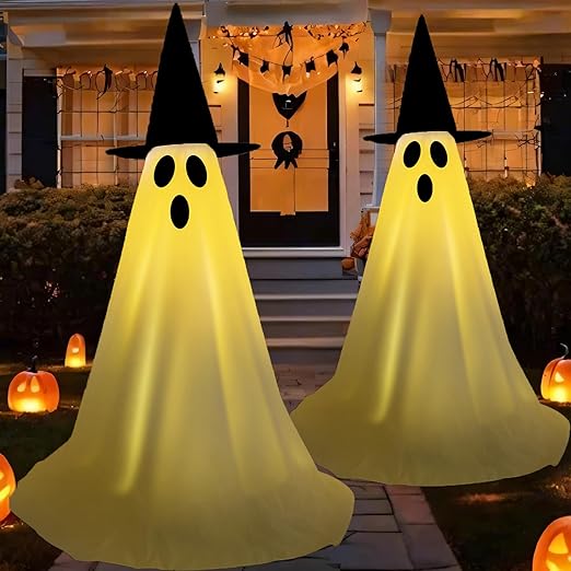 Halloween Light Up Ghost Kit - 2 Pack DIY Halloween Decorations Spooky Ghost Decor with 20 LED Lights Battery Operated,Adjustable Height,Hat,for Outdoor Indoor Porches Yards Gardens Lawn (2 Pack)