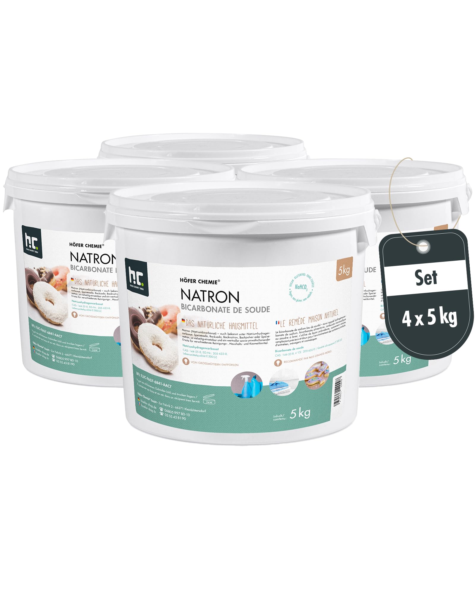 Höfer Chemie Natron Backsoda Natriumhydrogencarbonat 4 x 5 kg - Natron Pulver in Lebensmittelqualität - Effektives Hausmittel - Vielseitig Verwendbar