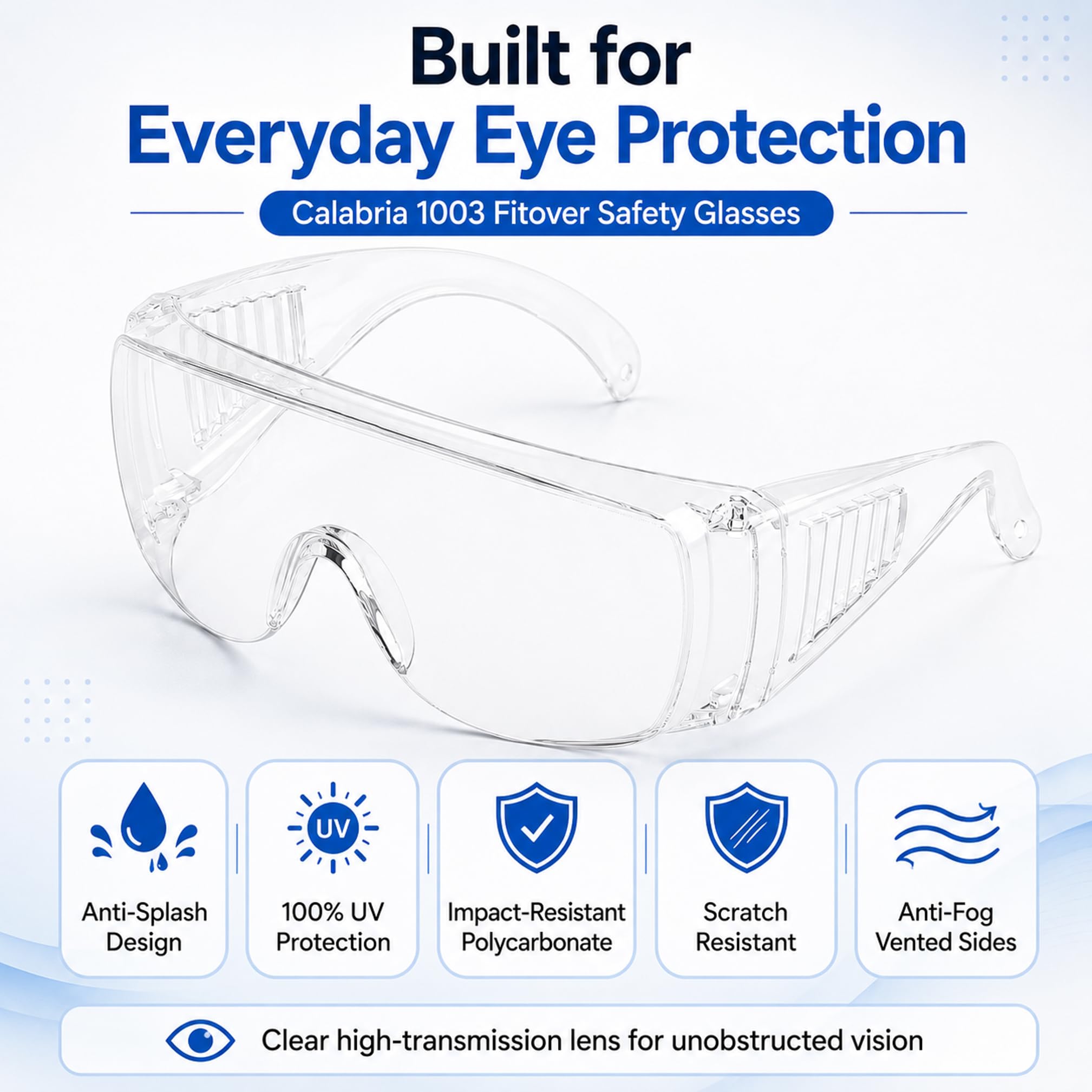 Calabria 1003 Fit Over Gafas de seguridad Fitover Prescription Eyewear Clear Tint Hombres Mujeres Wraparound Anti Niebla Resistente a los impactos