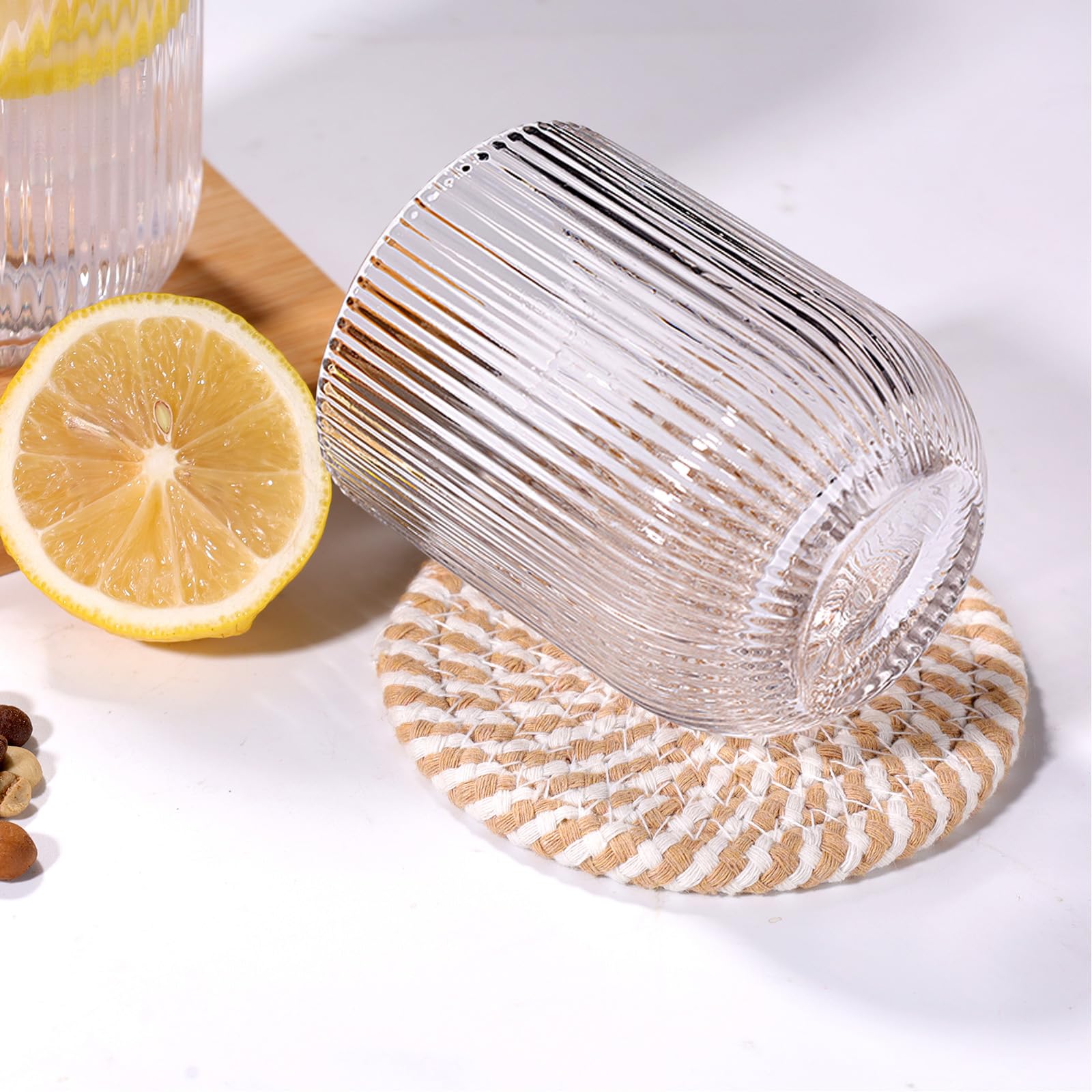 Set mit 8 gerippten Glaswaren, 4 Highball-Gläser 410 ml & 4 Rocks Trinkgläser 270 ml, klar, Origami-Stil, geriffeltes Design, für Milch, Wasser, Cocktail, Saft, Bier, Zahnbürstenbecher