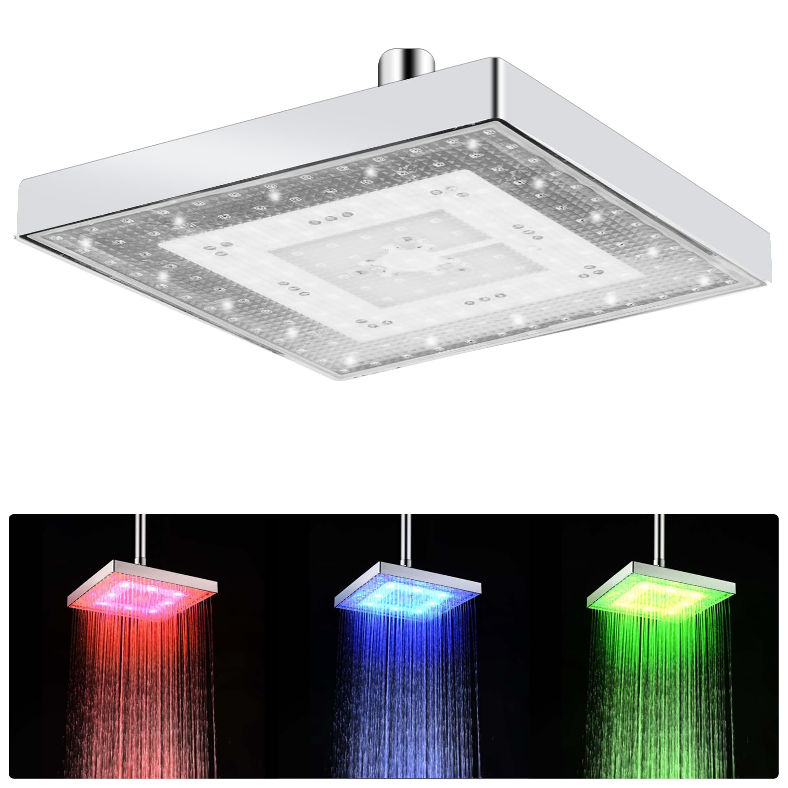 Soffione doccia a pioggia LED da 8 pollici (20 cm), soffione doccia a pioggia con controllo della temperatura a 3 colori, soffione doccia quadrato ad alto flusso per bagno di casa