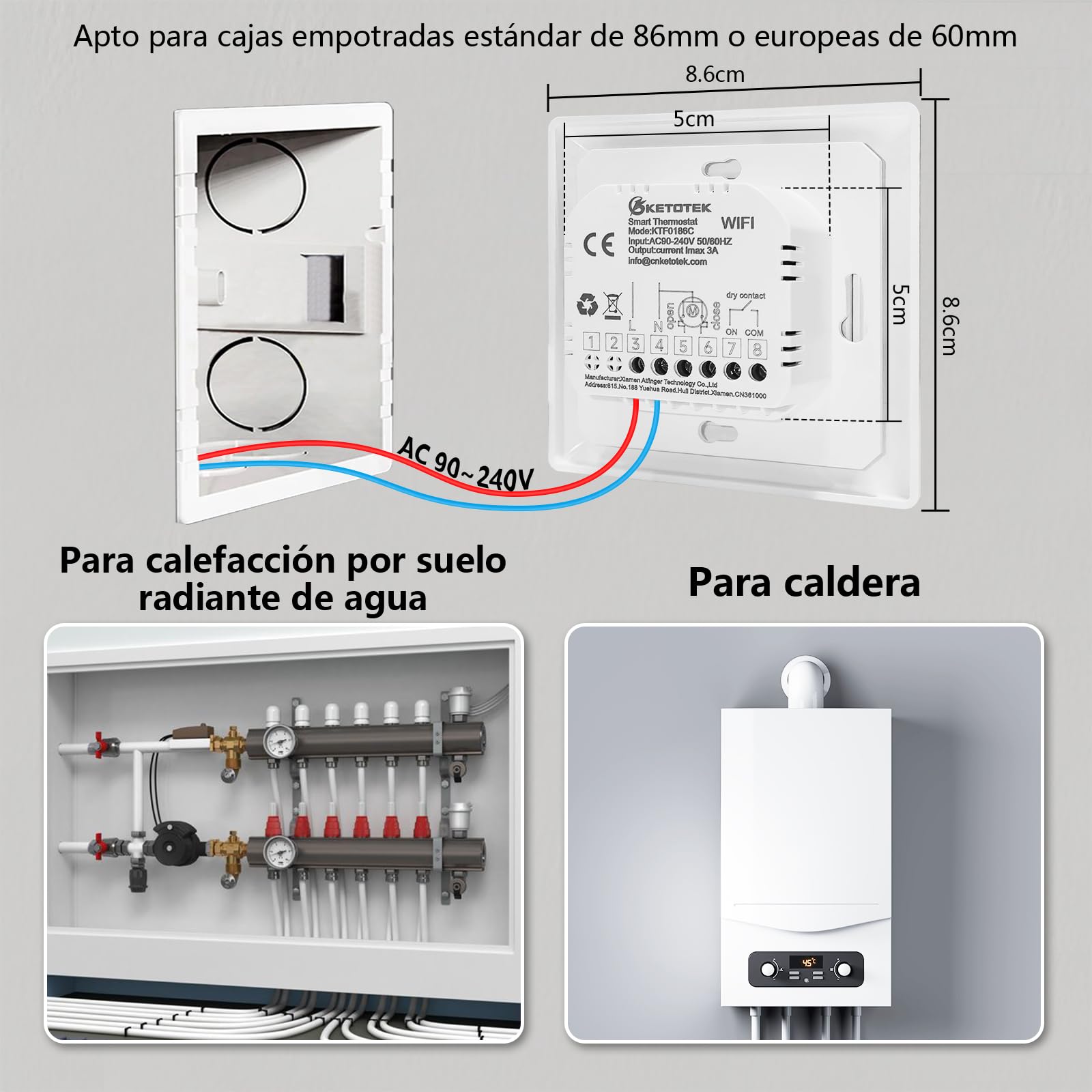 KETOTEK Termostato Calefacción Inteligente para Caldera de Agua y Gas, Termostato Programmabile 3A Compatible con Alexa Control de Voz, Smart Life/Tuya Control Remoto