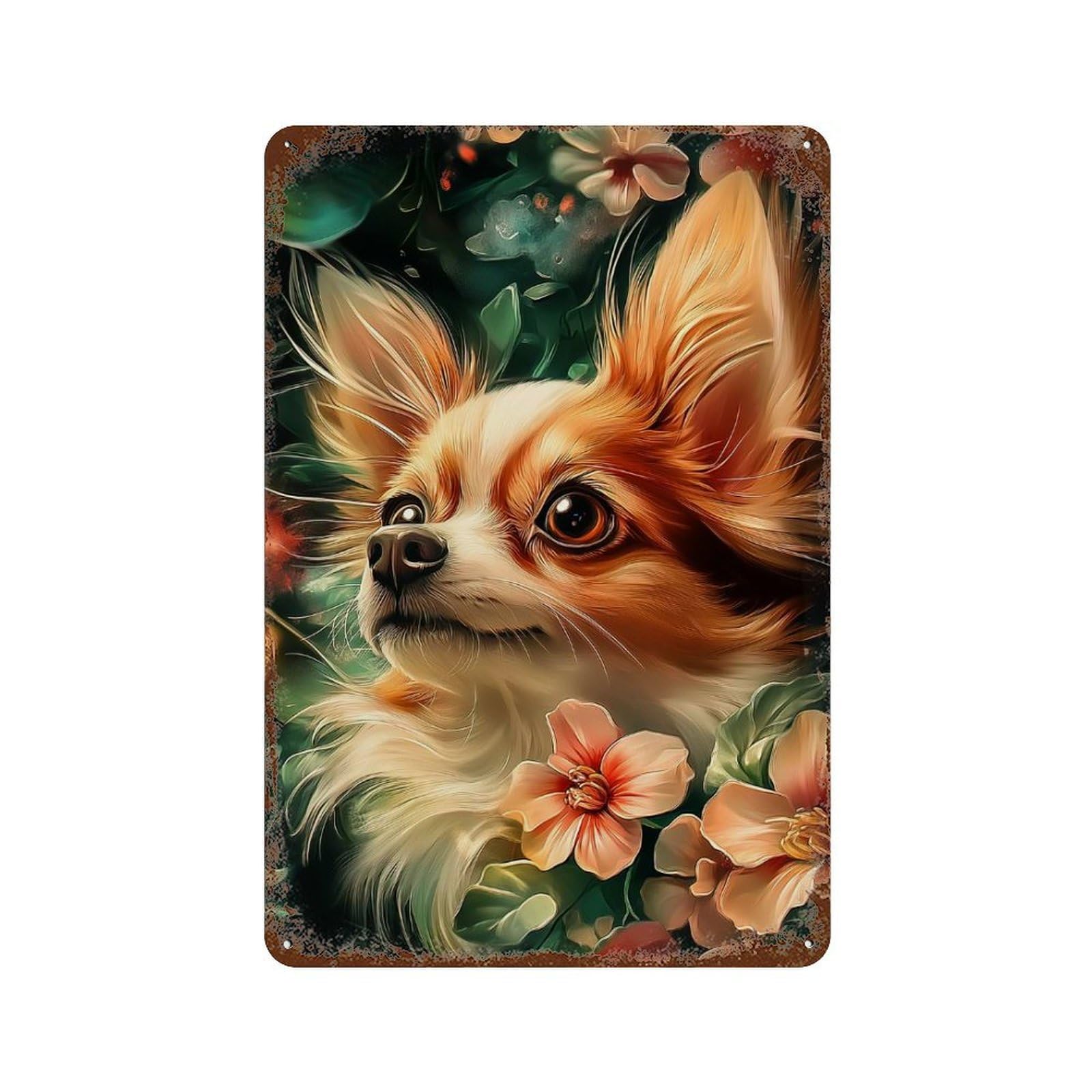Chihuahua Portrait with Floral Background Rusty Metal Tin Sign 11.8"x7.9", Farmhouse Wall Decor for Farmhouse, Kitchen And Entryway Decor