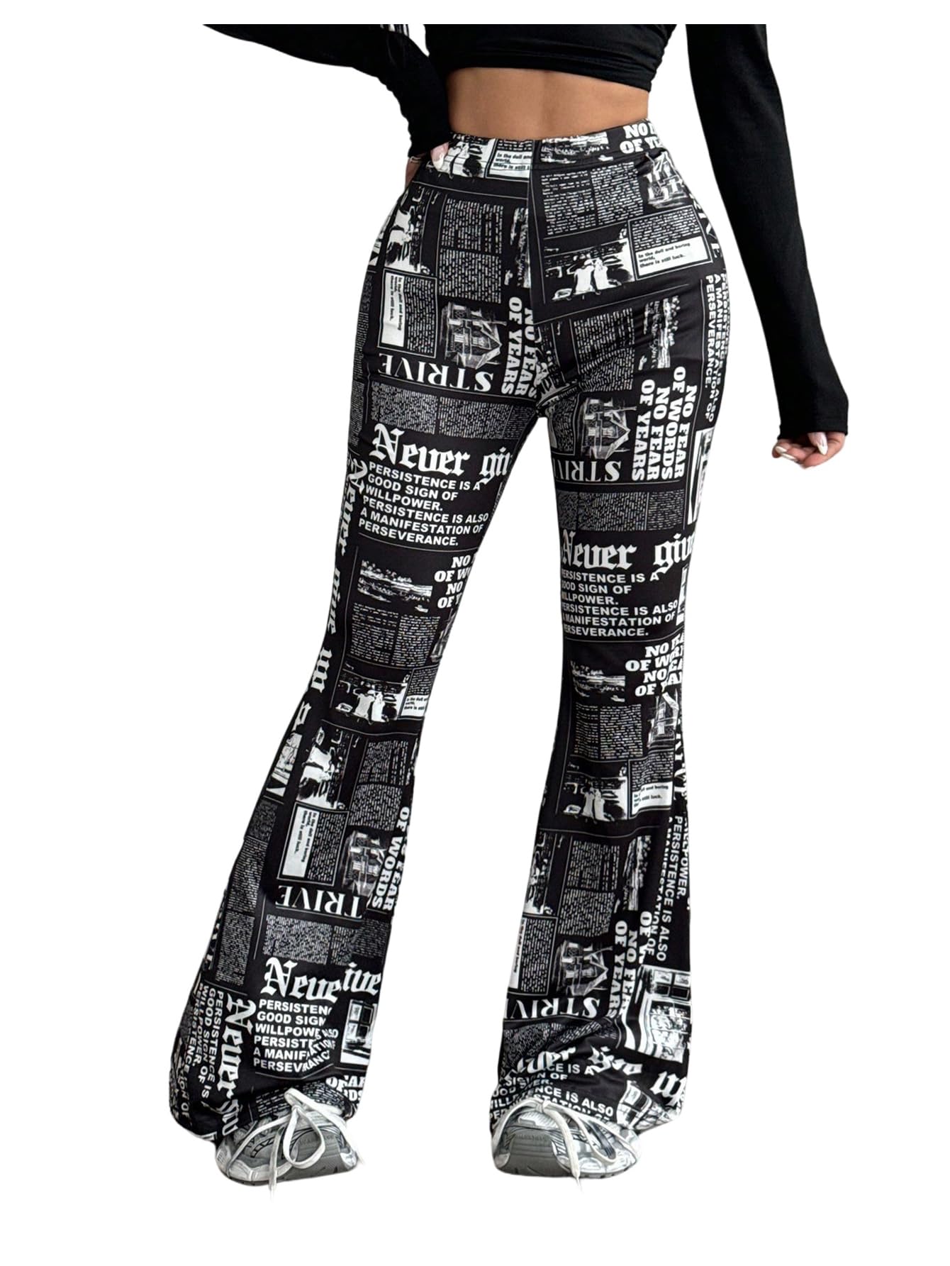 MakeMeChic Womens Newspaper Print Flared Leg Pants Elastic Waisted Y2K Bootcut Trousers