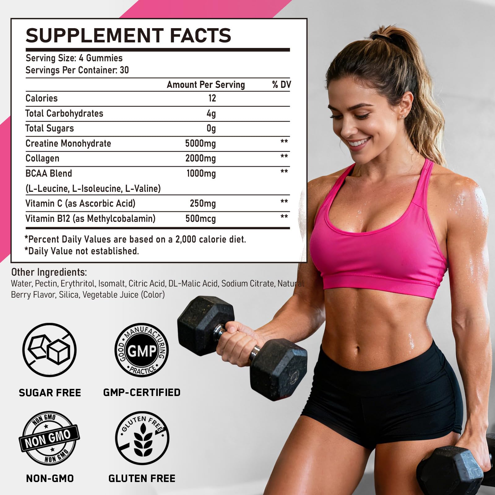 OFFPTE Creatine for Women, 5000mg Creatina Monohidratada Gummies with Collagen & BCAAs for Muscle Recovery, Energy & Skin, Chewable Post-Workout Supplement, Sugar-Free, No Bloating, 4 Gummies Per Day