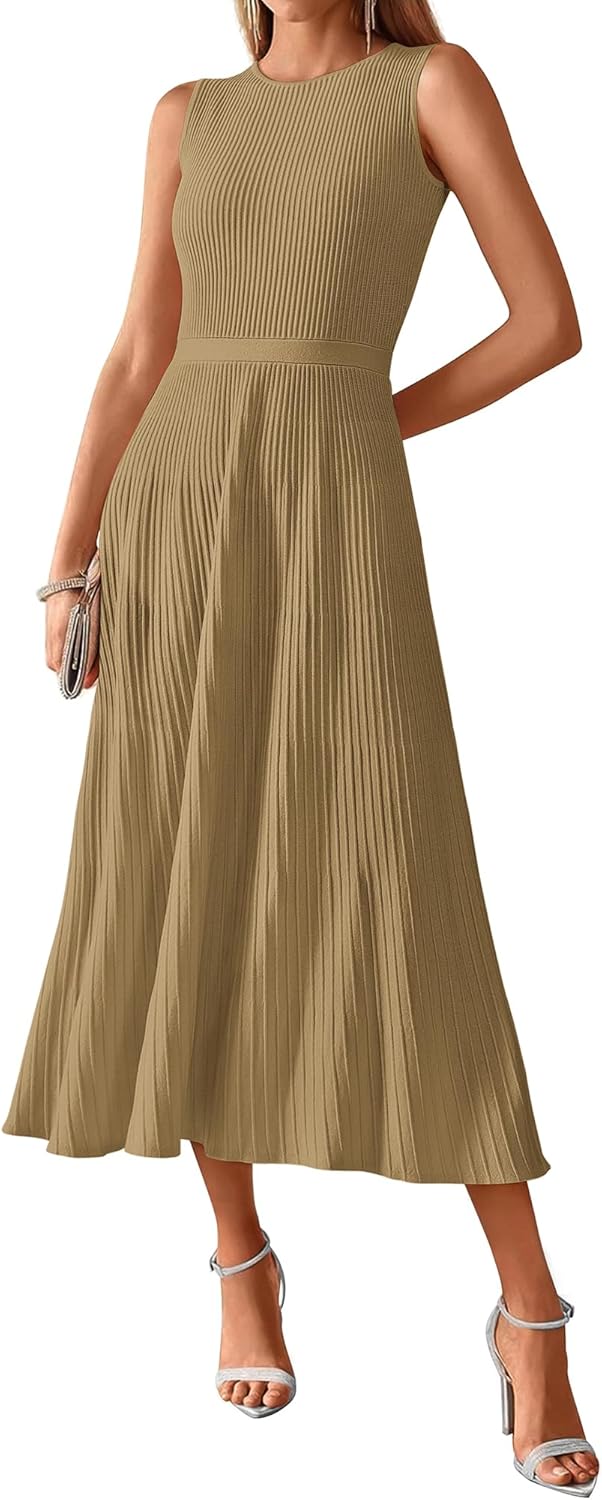 BTFBM Women Tank Midi Dress Summer Crewneck Sleeveless Pleated A Line Business Casual Formal Sweater Spring Dresses 2026