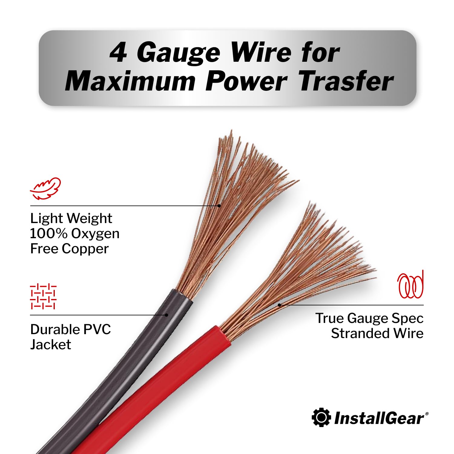 InstallGear 4 Gauge Battery Cable - 25ft Pure Copper OFC Cable, Flexible Power and Ground Wire for Car Audio, Speaker, RV Trailer, Amp, and Battery Wiring - Durable and Heat Resistant Jacket