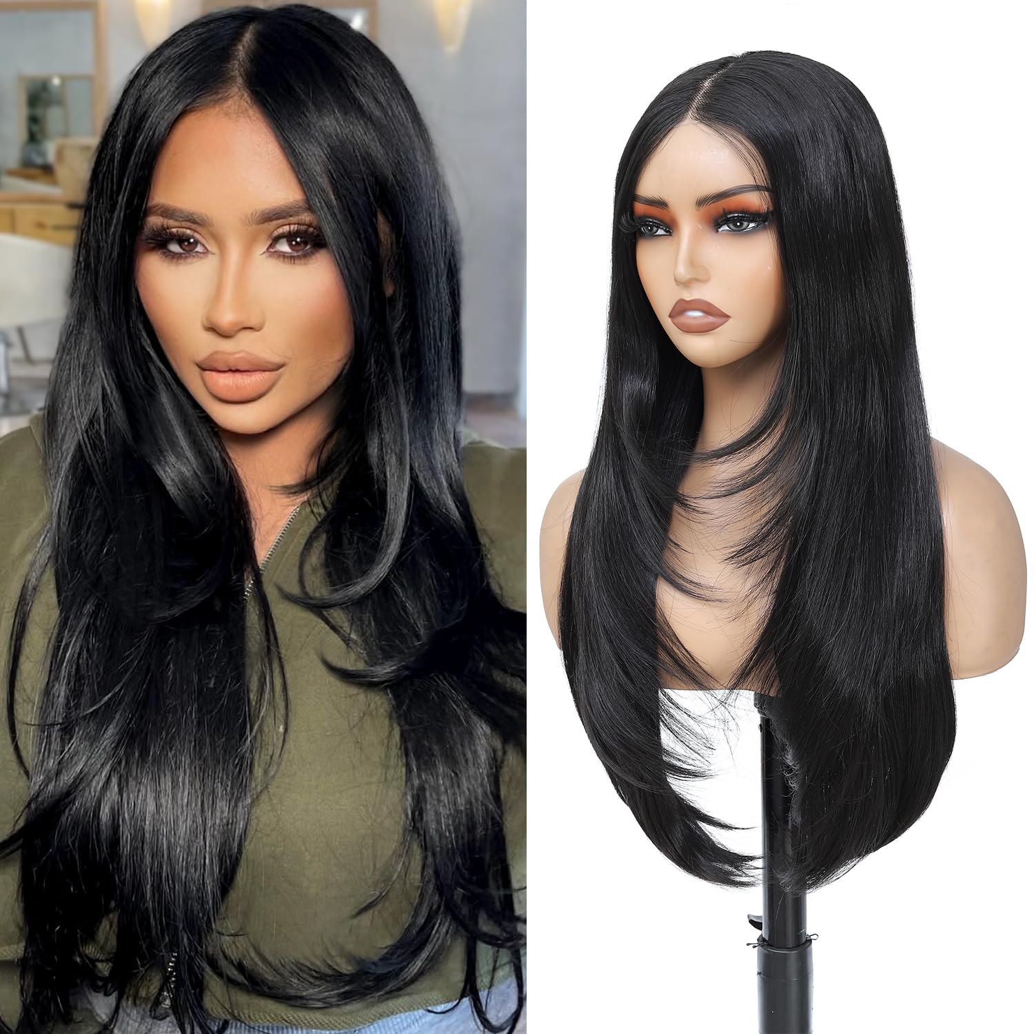KPROYU Synthetic Lace Front Wig, Pre Cut Lace Glueless, HD Lace, 13x4x1 Inch, Black, Layered, 26 Inch, Straight, Glueless Wig for Black Women