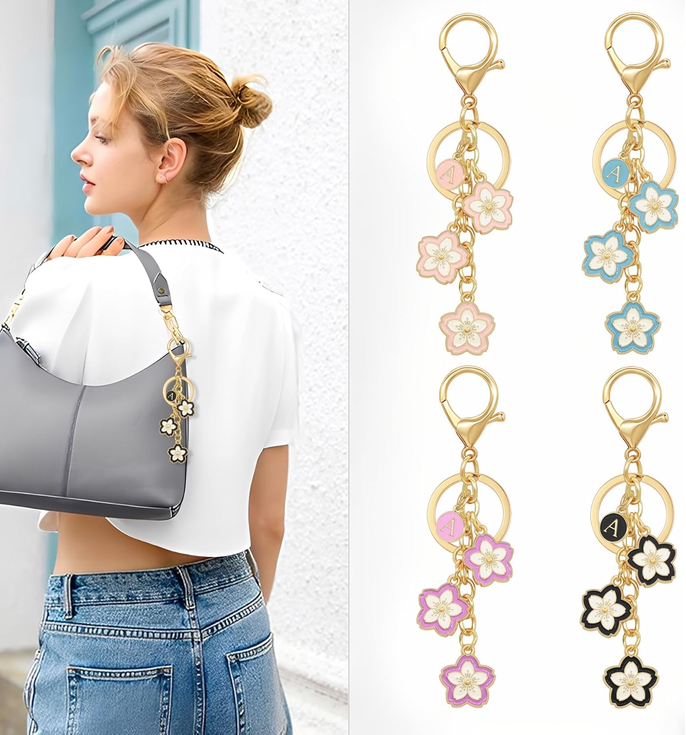 Cute Initial Letter Flower Keychain Flower Charms for Women Cherry blossom Bag Charms for Handbag Backpack - Image 7