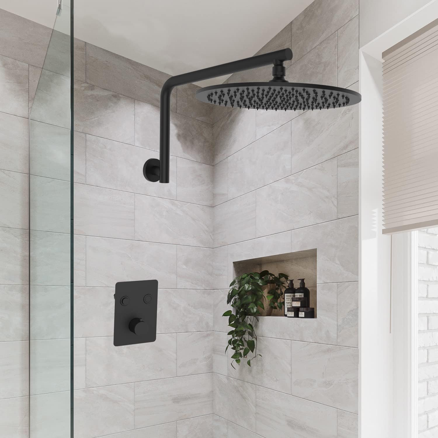Aquaiaw High Rise Shower Arm and Flange, 12.6 inch, Solid Brass, Both Soldered 1/2 NPT Tapered Threads, Round, Matte Black, Gooseneck Raised Shower Head Arm W/Escutcheon, Wall Mount Shower Extension