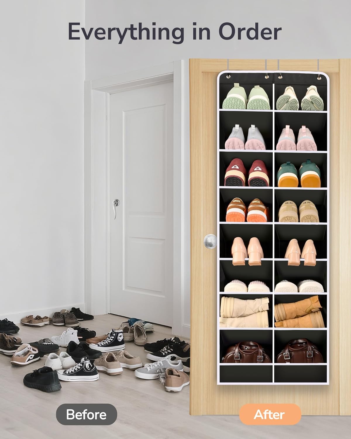 ULG Over The Door Shoe Organizer with 16 Large Pockets, Hanging Shoe Rack for Closet Door, Space Saving Shoe Storage for Boots, Heels & Sneakers, Black