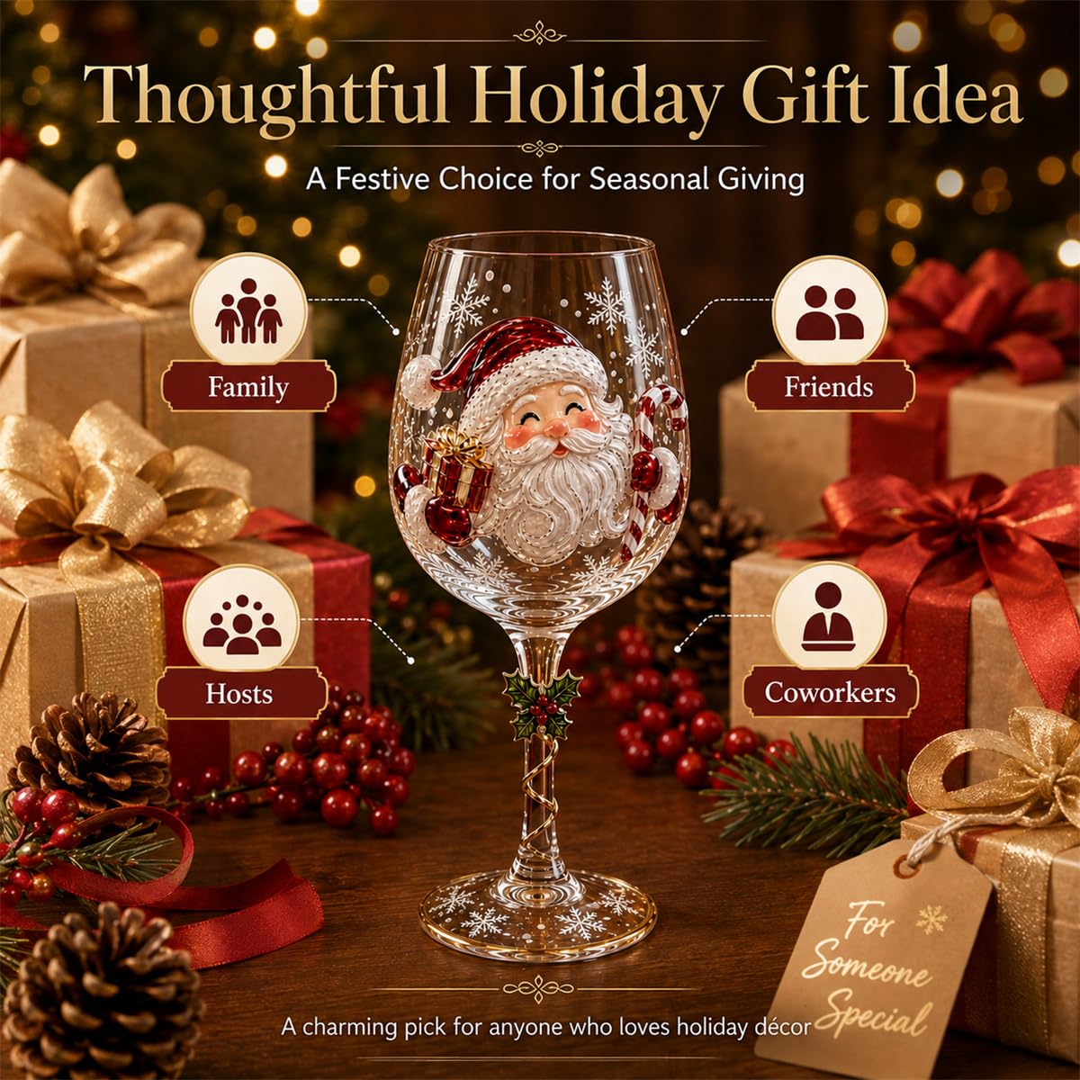 Świąteczne kieliszki do wina 3D Zestaw Świątecznych Stemed Goblets With Santa Snowman Tree Motifs Gold Spiral Trim Na Xmas Dinner Party Gifts Dekoracyjne Barware