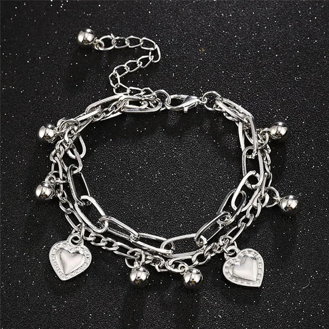 Silver Heart Charm Bracelet for Women – Layered Chain Bracelet with Dangling Heart & Bead Charms, Adjustable Stainless Steel Link Bracelet for Everyday Wear & Gifts - Image 3