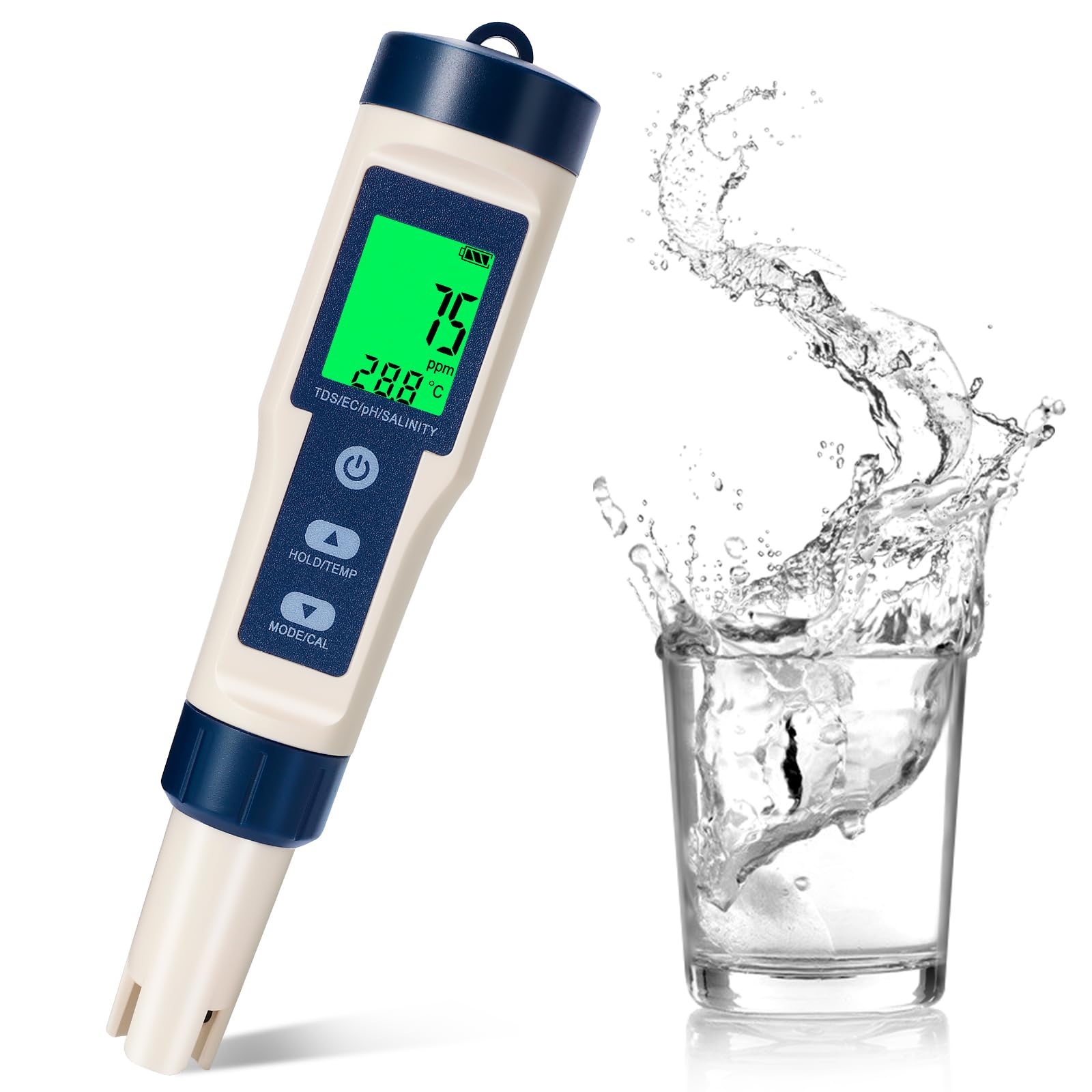 5-en-1pH Metre,PH,TDS, EC,Salinité,Thermomètre,Testeur pH Piscine avec Écran LCD Rétroéclairé et