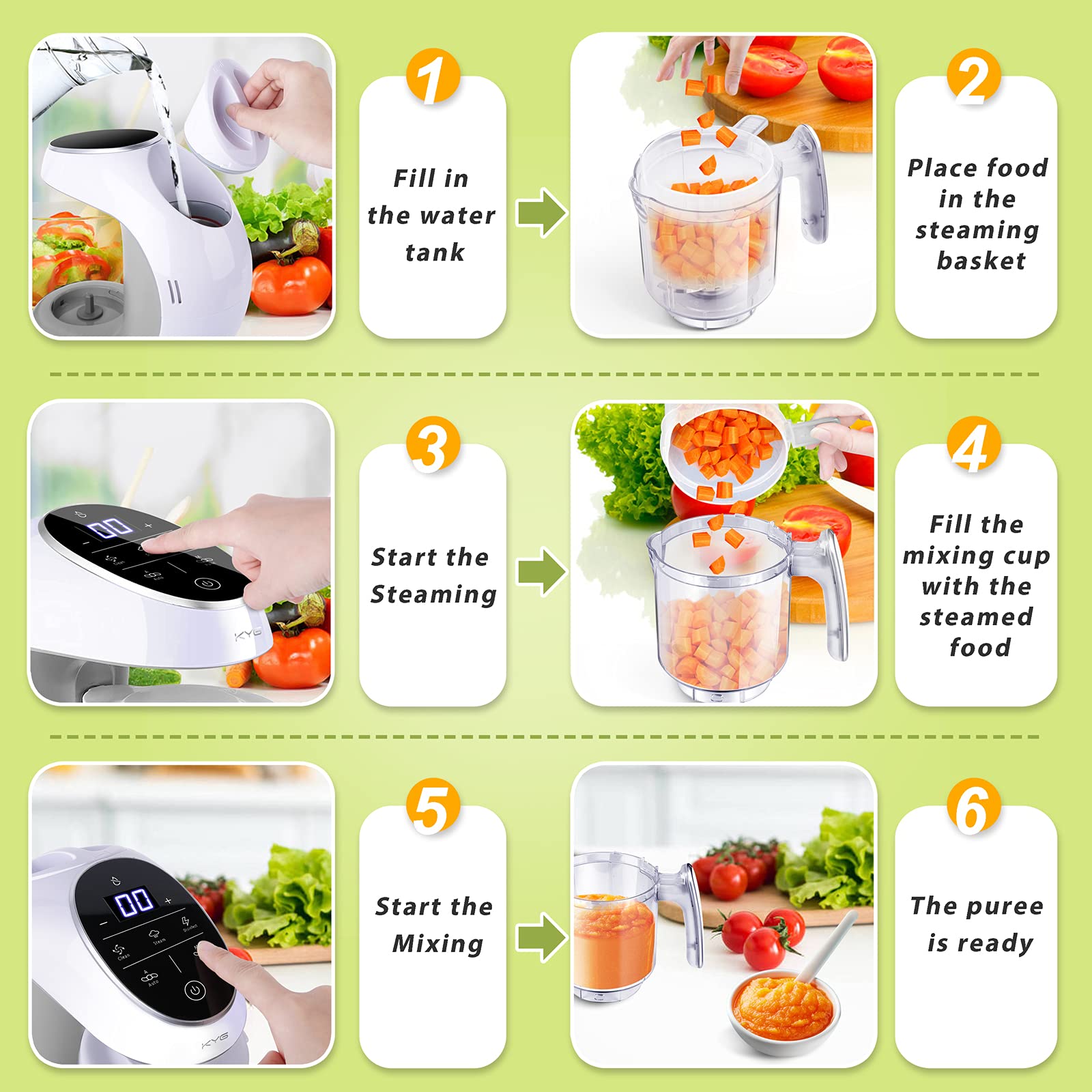 KYG 7 en 1 Mixeur Cuiseur pour Bébé Robot de Complément Alimentaire Bébé Machine à Nourriture Multifonctionnel de Vapeur, Mixeur, Réchauffage, Stérilisation, Nettoyage Automatique, Décongèle, Pulse