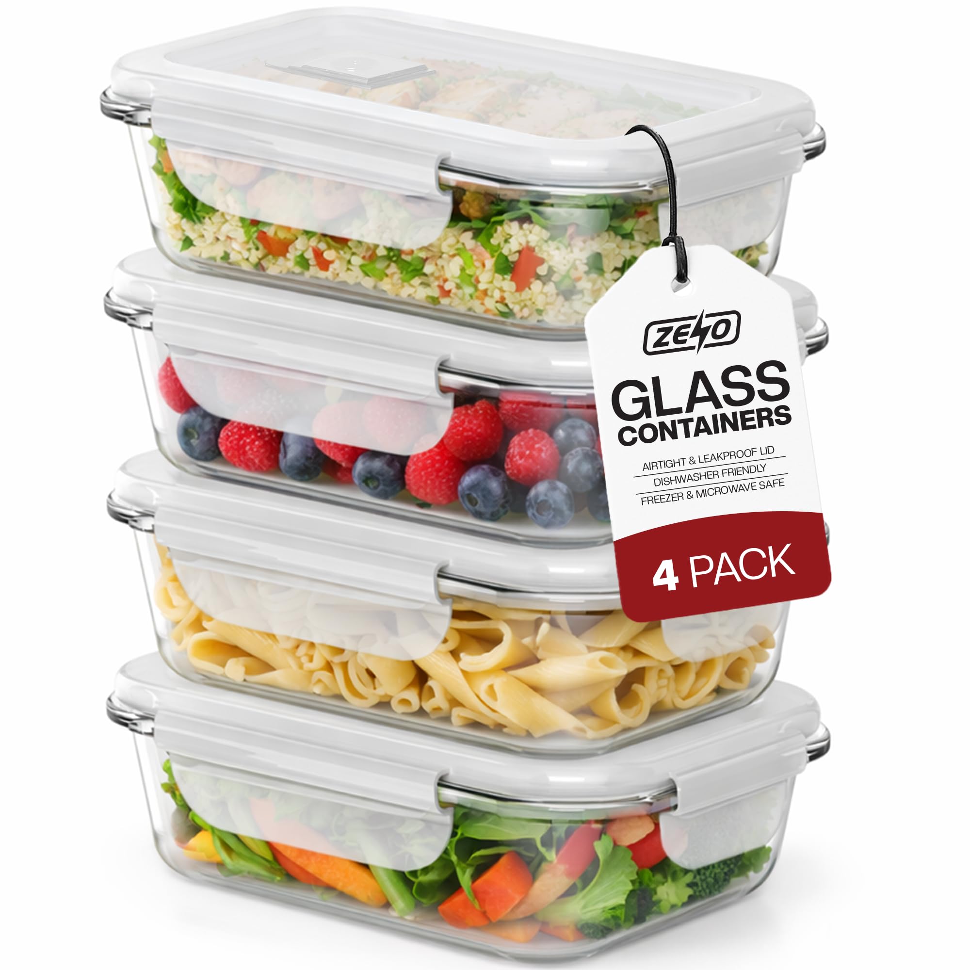 ZENO Glass Food Storage with Lids 4 Pack | 1000ml Airtight Food Containers | BPA Free Food Storage Containers with Plastic Locking Lids | Glass Meal Prep Lunch Box Takeaway Containers