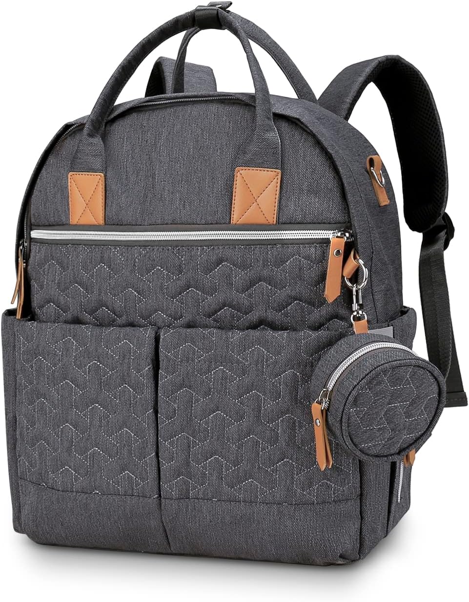 MOMIGO Baby Diaper Backpack - Large Capacity Water-Resistant Nappy Bag with Stroller Straps & Pacifier Case, Unisex and Stylish Travel Backpack&Outdoor Bag (Grey Flower)