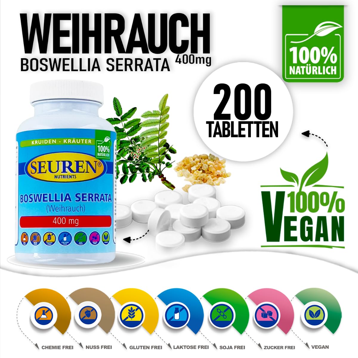 Seuren Nutrients | Boswellia Serrata/Weihrauch | 200 Tabletten | Hochdosiertes Weihrauch | 100% Natürlich | Glutenfrei | Laktosefrei und Zuckerfrei |
