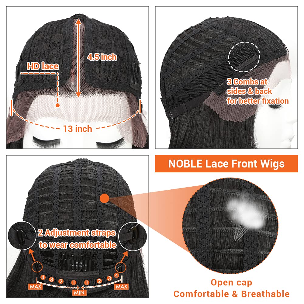 NOBLE Black Bob Wigs for Women Short Straight T Part HD Lace Front Wigs 150% Density Heat Resistant Synthetic Blunt Cut Bob Wigs for Party and Daily Use (10 Inch, Natural Black)